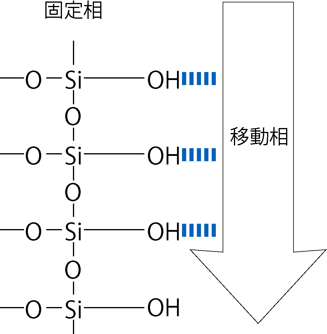 シリカゲルの水酸基と試料が水素結合して吸着する