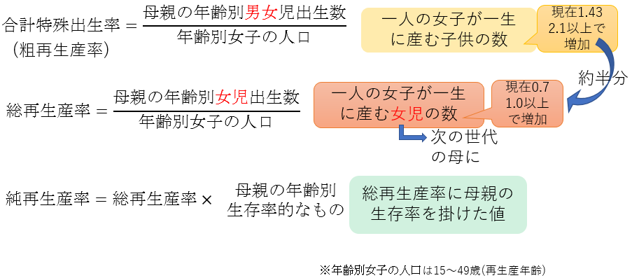 合計特殊出生率・総再生産率・純再生産率の式