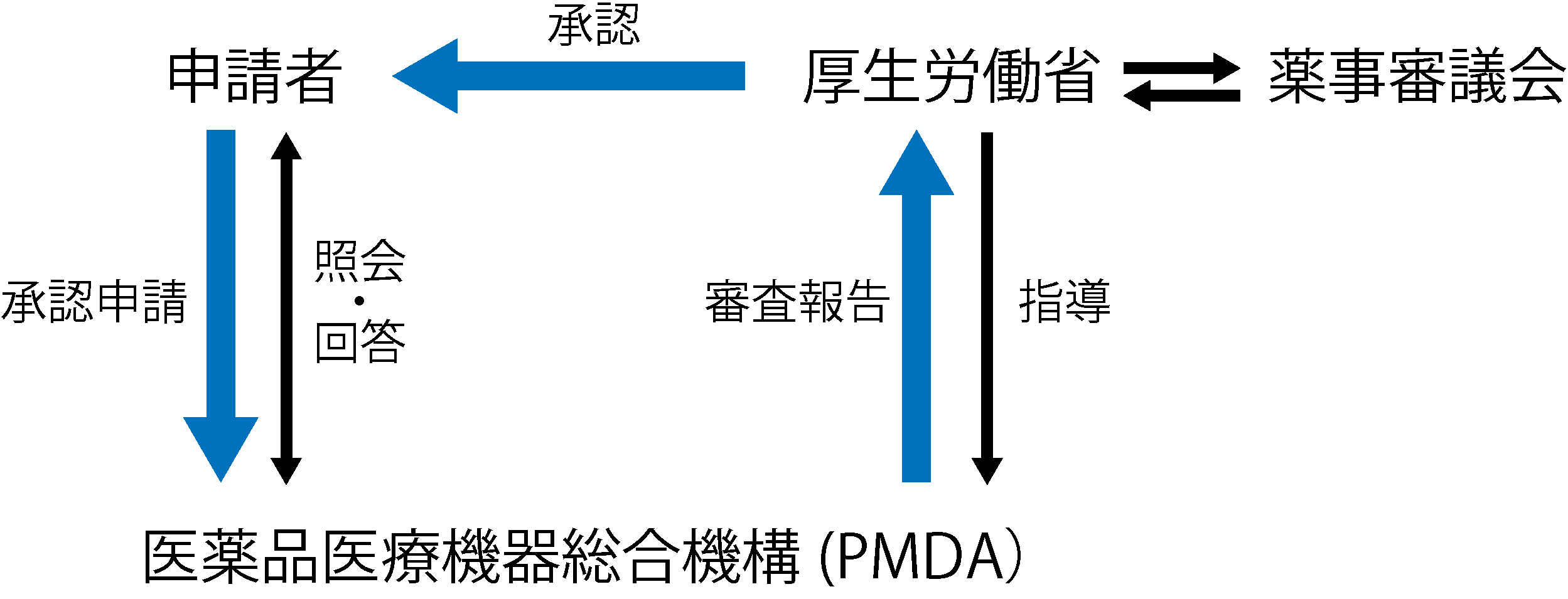 新医薬品の承認審査プロセス(申請者→PMDAへ承認申請、照会・回答、PMDAから厚生労働省へ審査報告、厚生労働省と薬事審議会のやりとり、厚生労働省から申請者へ承認)