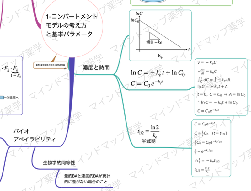 消失速度定数と半減期のマインドマップ