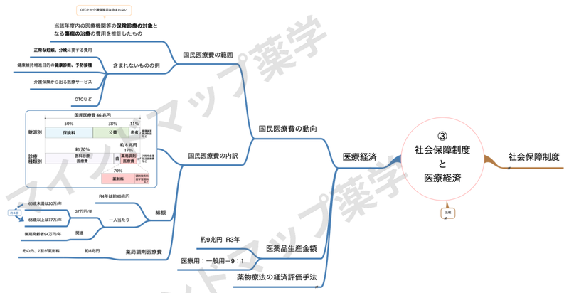 社会保障制度と医療経済のマインドマップ(国民医療費の動向・医薬品生産金額・薬物療法の経済評価手法)