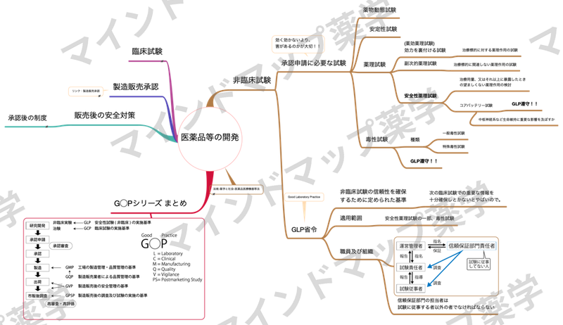 医薬品等の開発の全体像マインドマップ(非臨床試験・薬理試験・毒性試験・GLP省令)