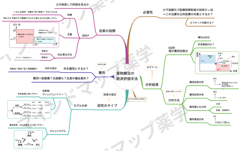 薬物療法の経済評価手法のマインドマップ(必要性・分析結果・分析方法・効果の指標・費用・研究のタイプ)