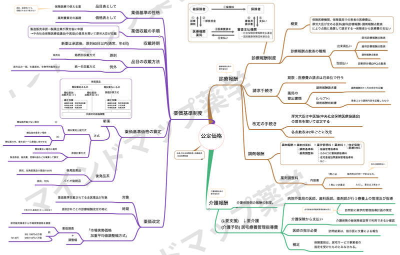 公定価格のマインドマップ(薬価基準制度のブランチに性格・収載の手順・収載時期・収載方法・価格の算定・薬価改定が並ぶ)