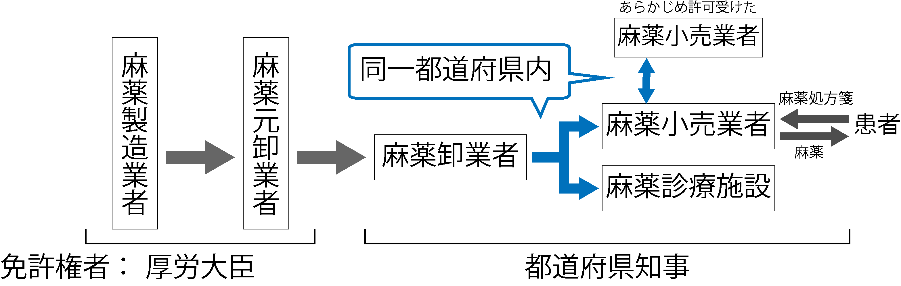 麻薬の流通の流れ(麻薬製造業者→麻薬元卸業者までが厚労大臣、麻薬卸業者→麻薬小売業者・麻薬診療施設→患者が都道府県知事)